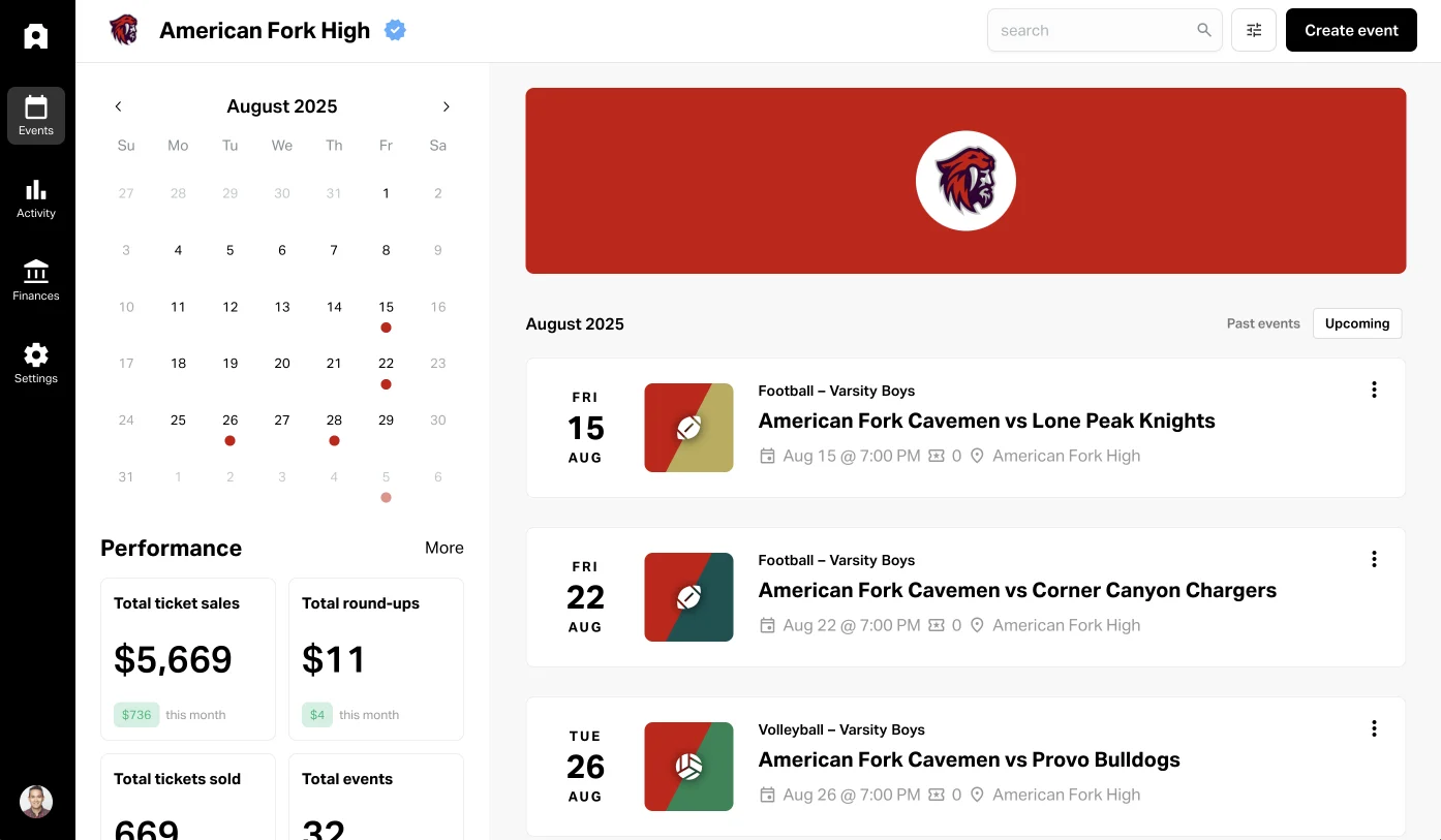 The Admittee dashboard for American Fork High: a calendar, upcoming games and ticket sales.