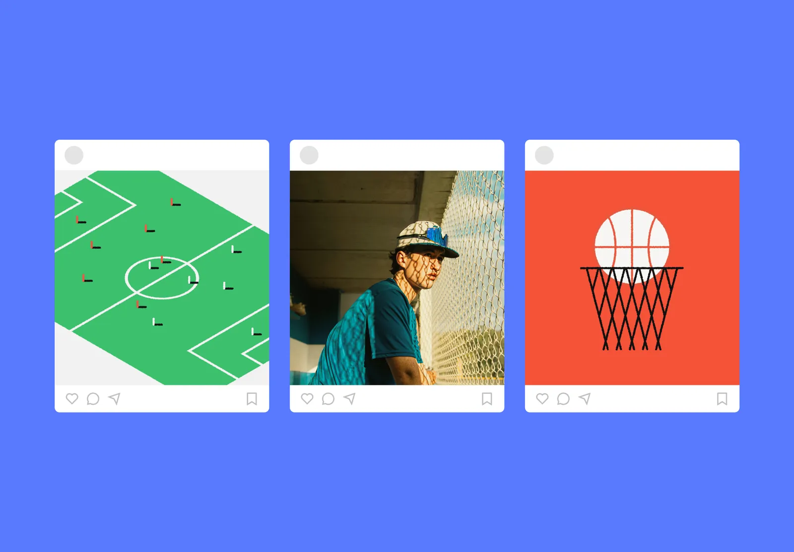 Three Admittee social posts on blue: an illustrated soccer field, a player in a cap, and a basketball hoop on orange.