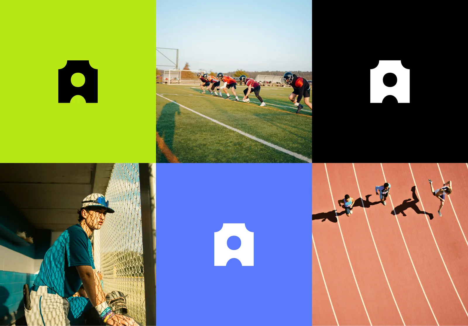 The Admittee mark on lime, black and blue tiles, set between photos of football linemen, a baseball player and sprinters on a track.