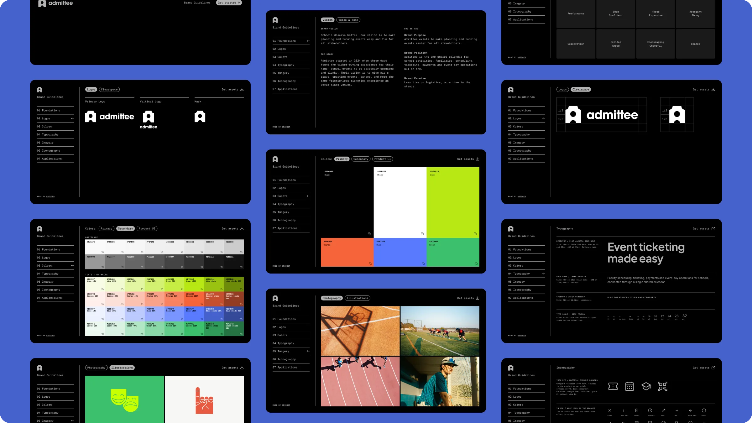 A grid of pages from the Admittee brand guidelines: logo, clearspace, color, typography, photography, illustration and iconography.
