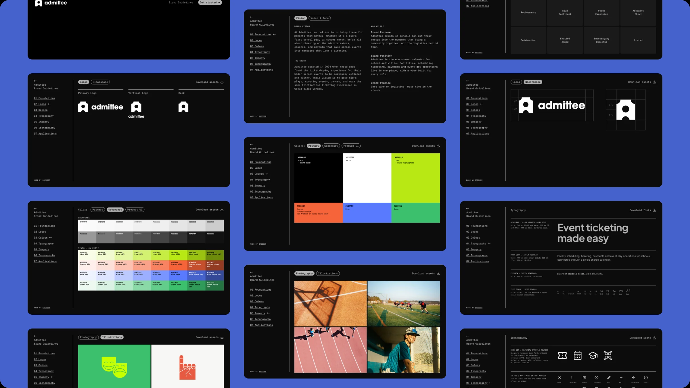 A grid of pages from the Admittee brand guidelines: logo, clearspace, color, typography, photography, illustration and iconography.
