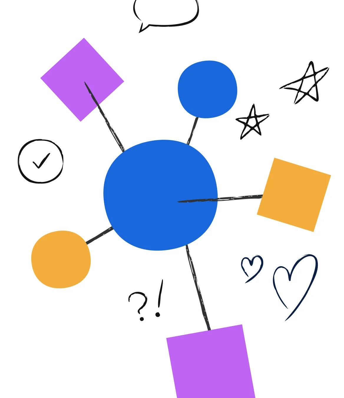 Atlassian spot illustration: a network of shapes around a blue hub, with hand-drawn doodles.