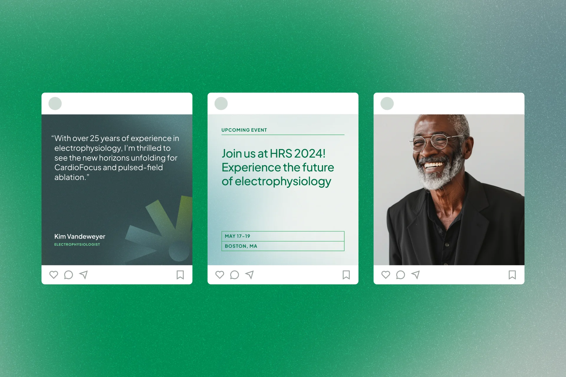 Three social posts for HRS 2024: a clinician quote, "Join us at HRS 2024", and a smiling patient portrait.