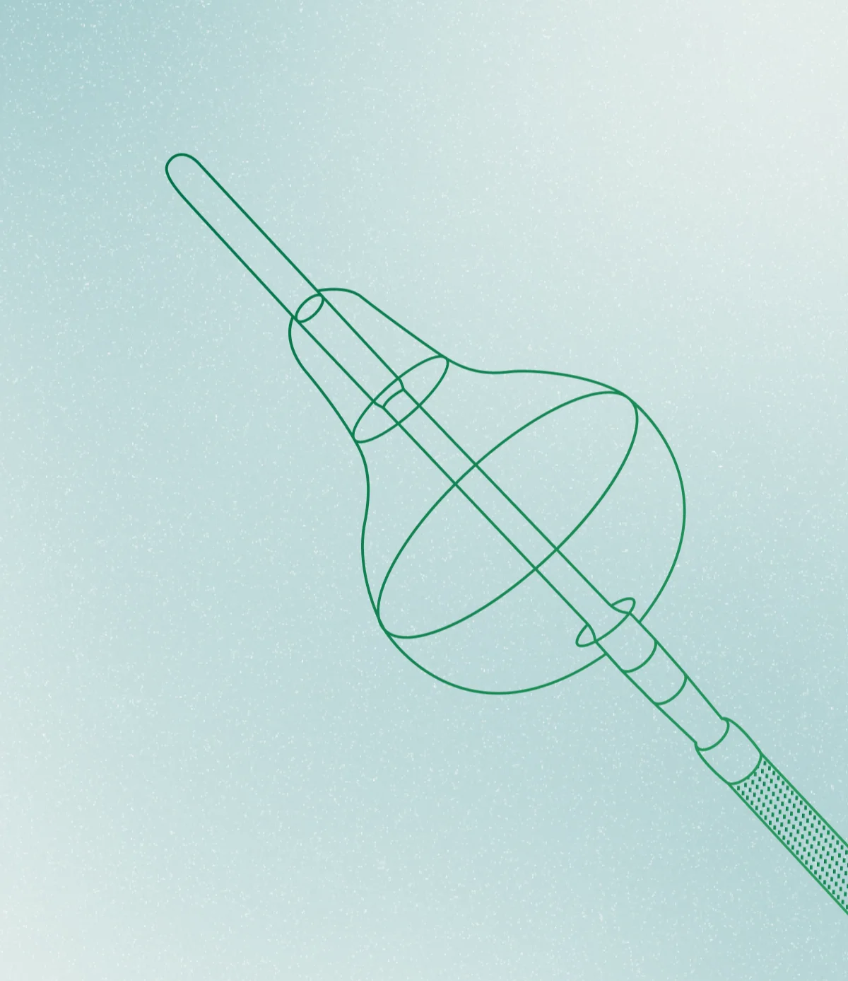 Line illustration of the ablation catheter and its balloon tip, in green on pale mint.
