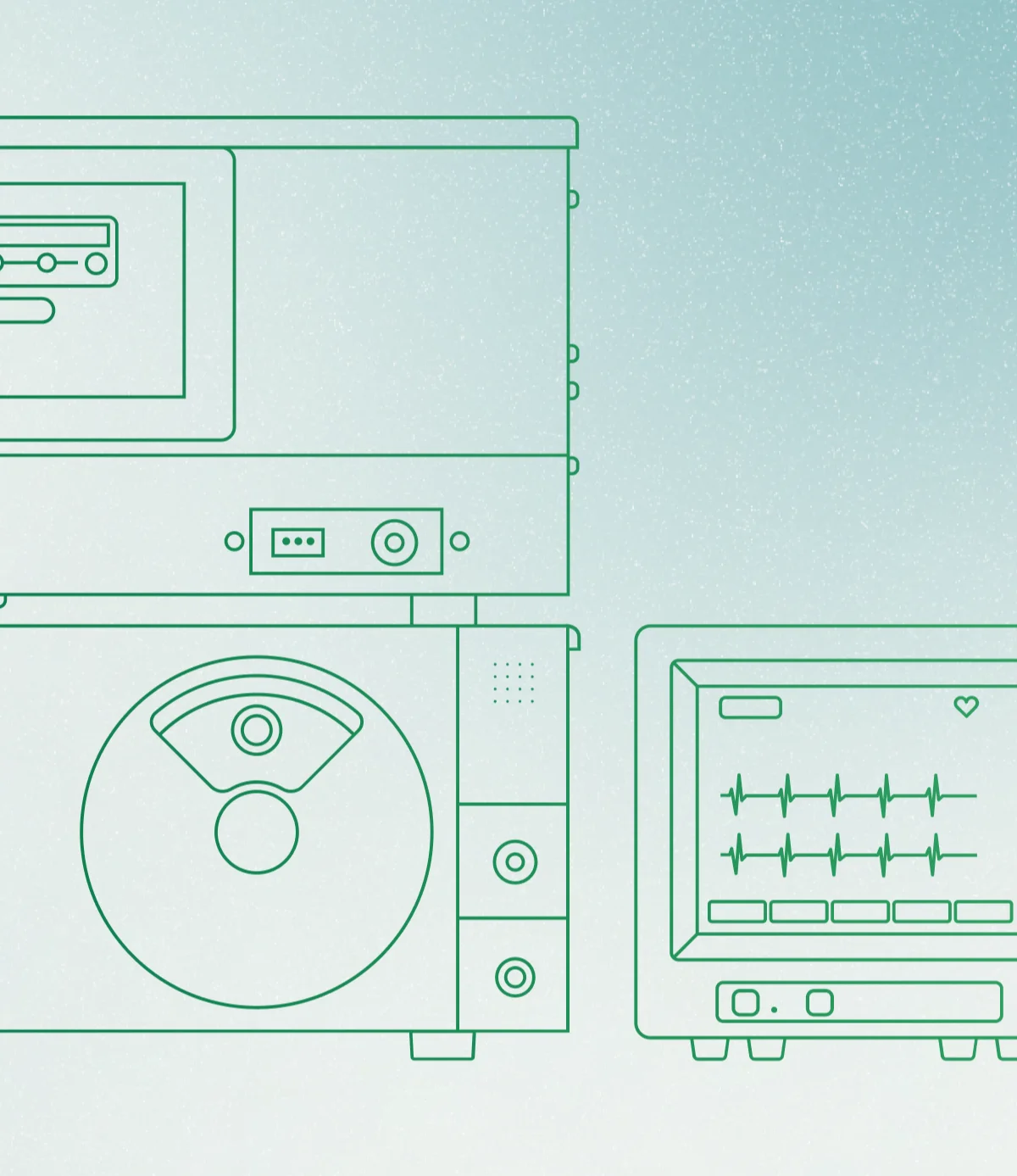 Line art of the Centauri system console and monitor, in green on pale mint.