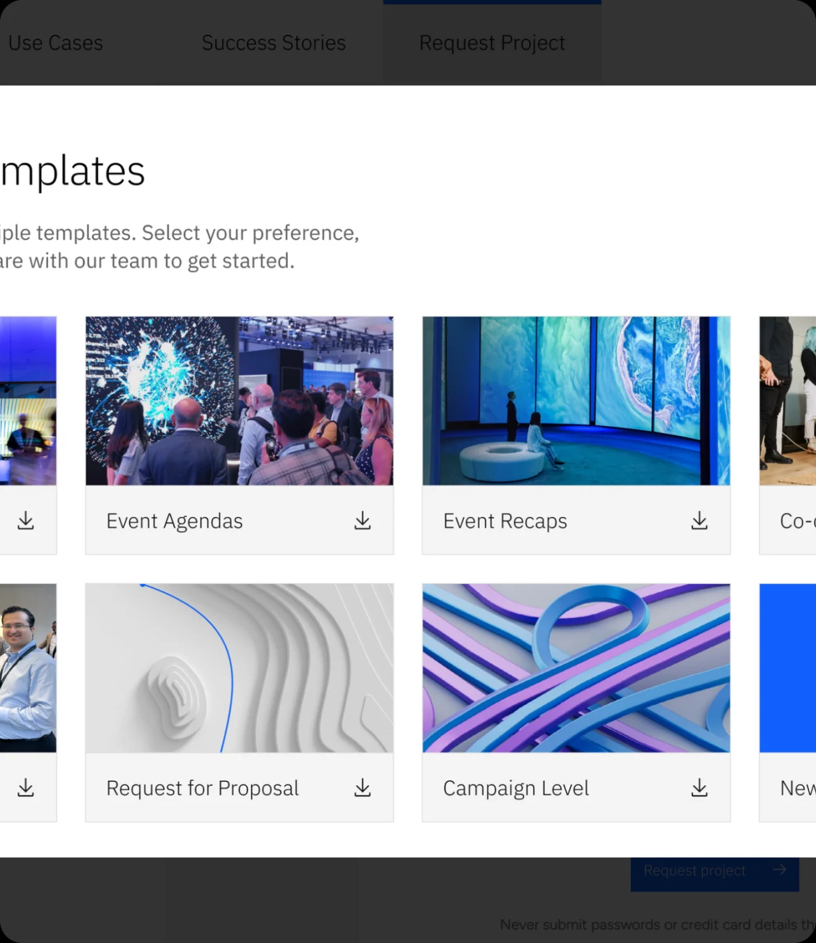 Detail of the EMA Microapps deck templates: event agendas, event recaps, request for proposal and campaign level.