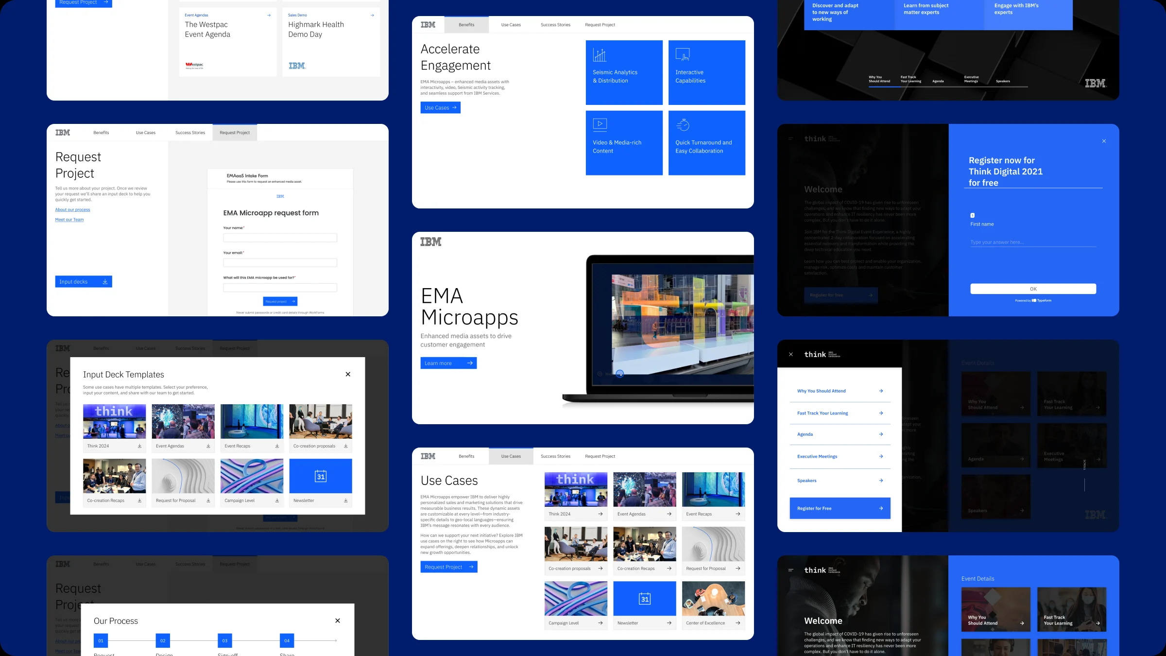 A grid of IBM event and sales slides.