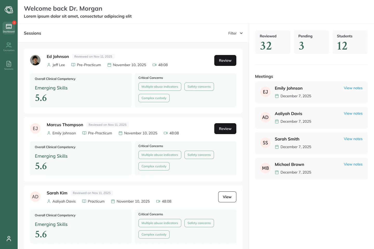 A supervisor’s dashboard: sessions with competency scores and critical concerns, review counts, and upcoming meetings.