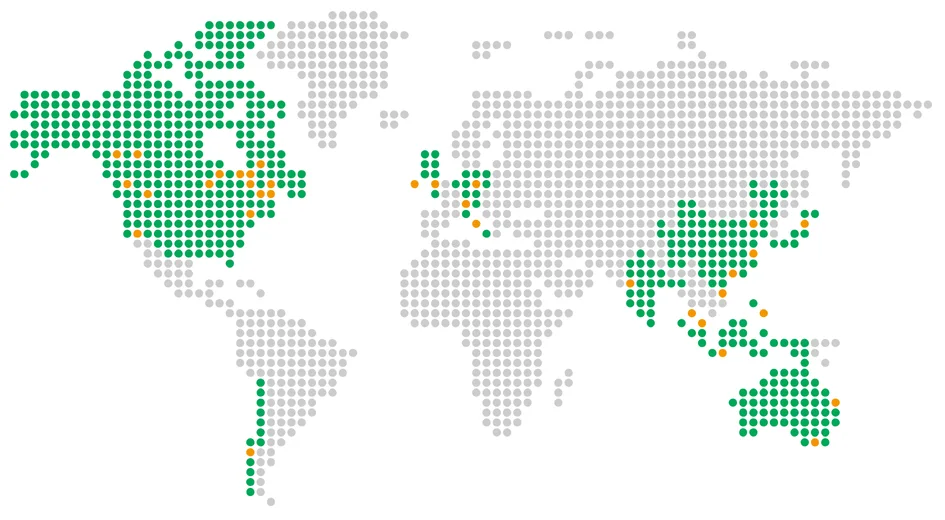 Dot map of the world with Manulife’s markets in green and its offices in orange.