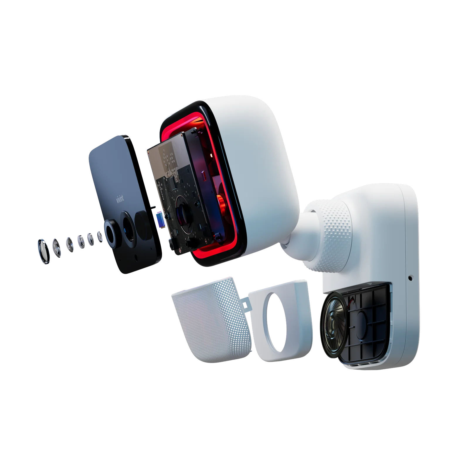 Exploded view of the Outdoor Camera Pro 3: lens elements, red deterrence ring and housing pulled apart.