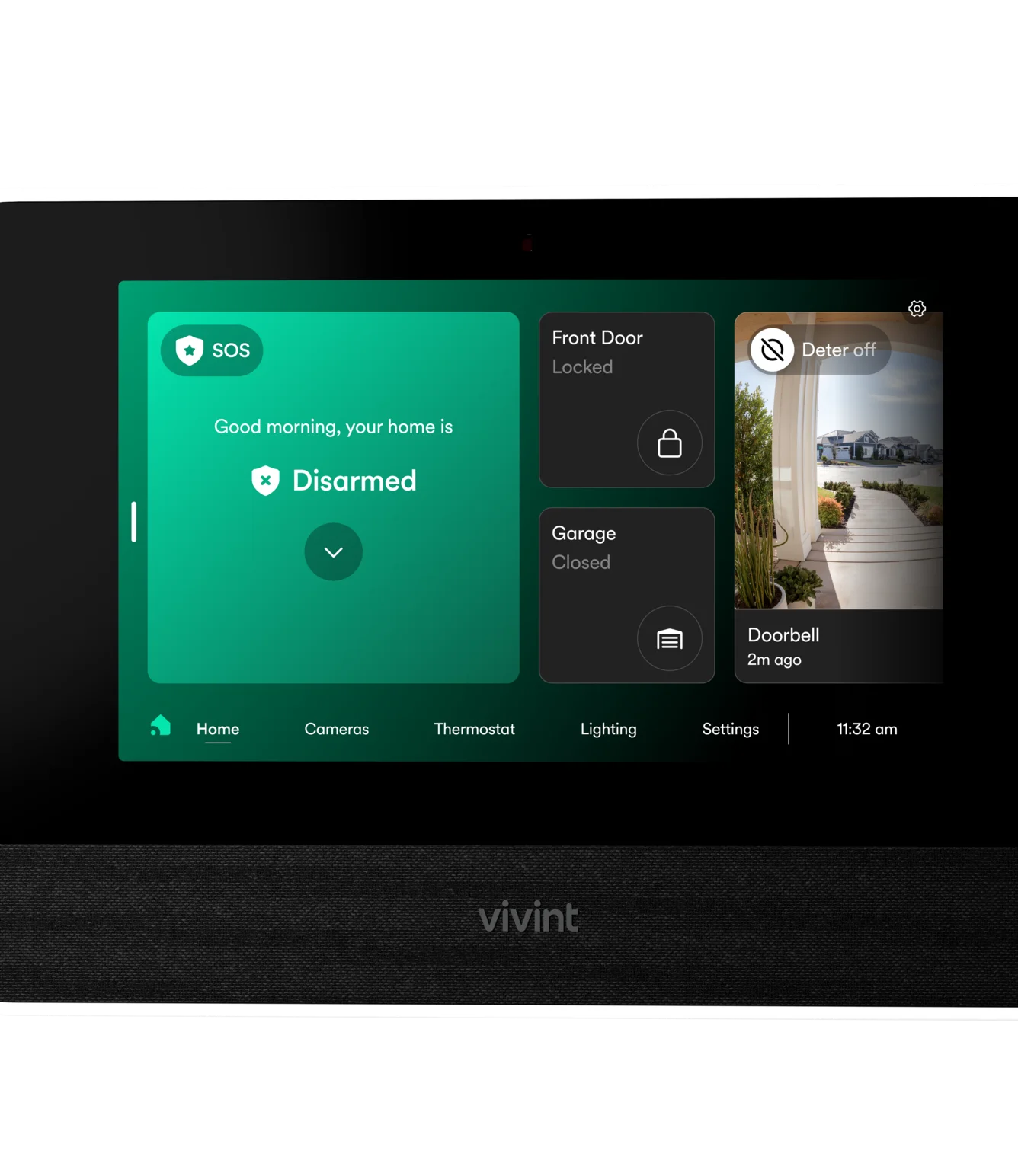 Close-up of the Smart Hub Pro 2 screen: Disarmed, Front Door locked, Garage closed and a Doorbell clip.