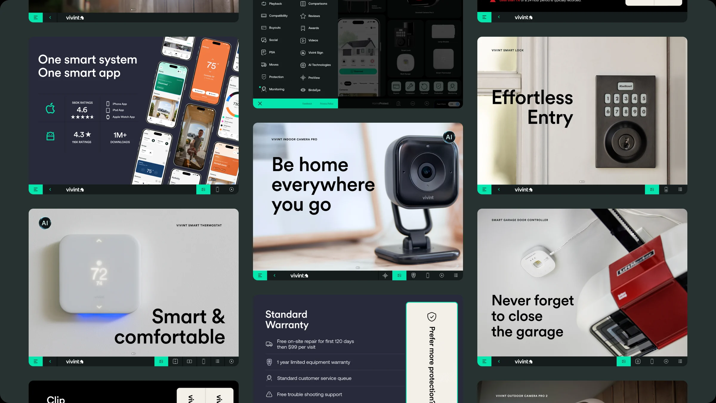 A grid of Fast Pitch slides: the Vivint app, the Smart Lock, Indoor Camera Pro, the thermostat, the garage controller and the warranty screen.